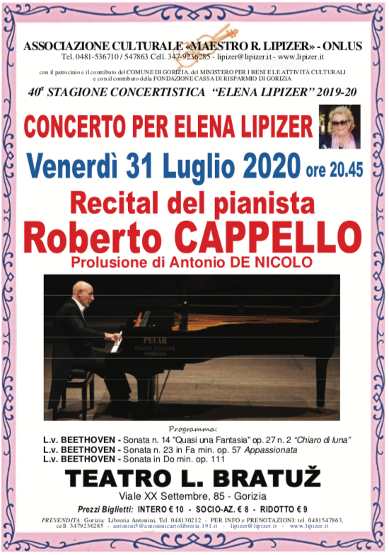 Al momento stai visualizzando Roberto Cappello nel “Concerto per Elena Lipizer” venerdì 31 luglio a Gorizia