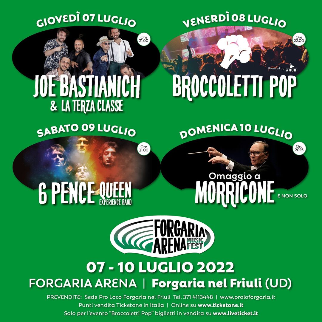 Al momento stai visualizzando Forgaria Arena Music Fest da giovedì 7 luglio a domenica 11 con Joe Bastianich, 6 Pence, Movie Chamber Orchestra