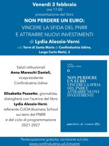 Scopri di più sull'articolo Lydia Alessio-Vernì venerdì 3 febbraio a palazzo Torriani (Udine) per presentare il suo nuovo libro sui temi del Piano nazionale di ripresa e resilienza