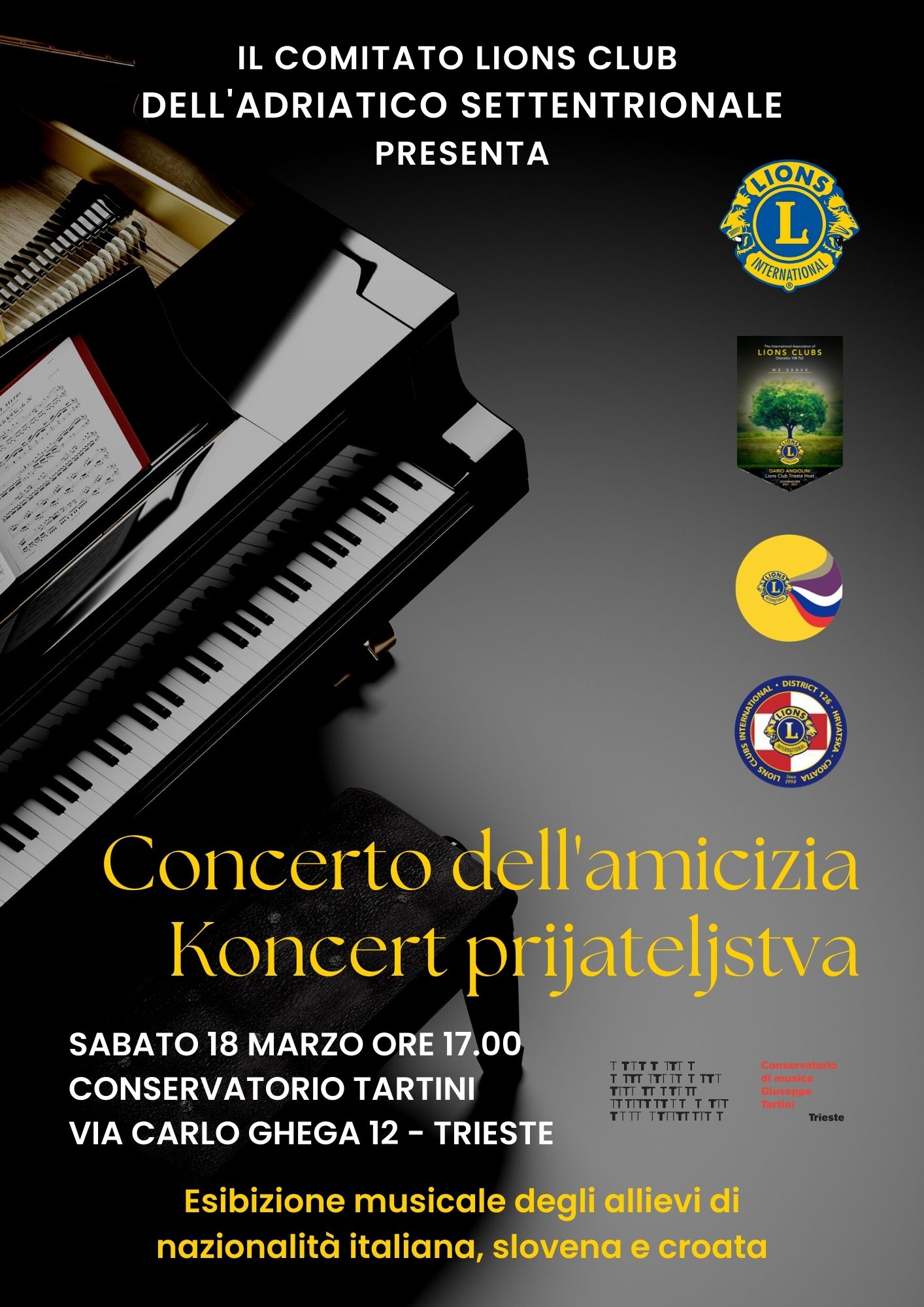 Scopri di più sull'articolo Comitato Lions Club dell’Adriatico Settentrionale: Concerto dell’Amicizia sabato 18 marzo al Conservatorio Tartini di Trieste