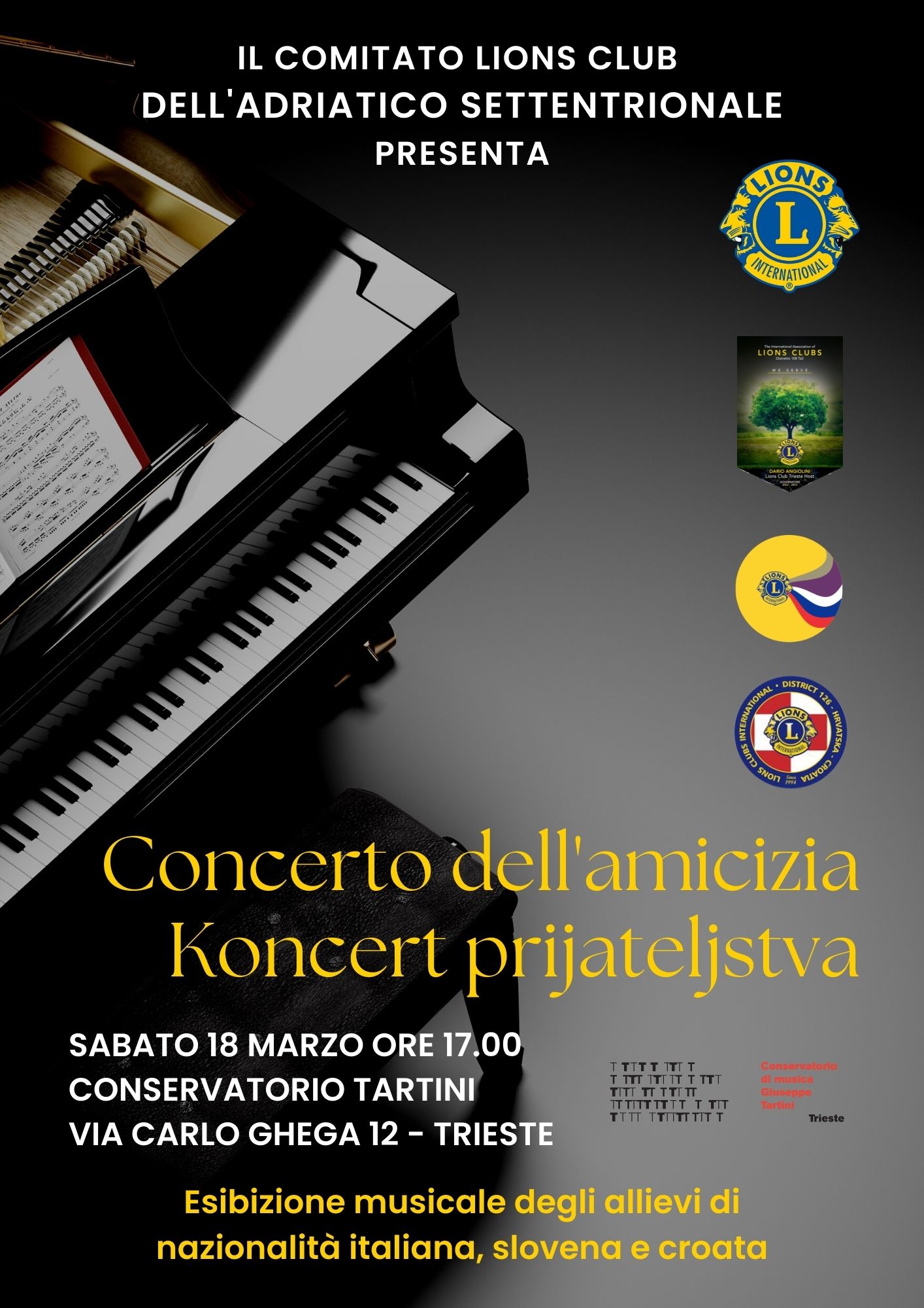 Al momento stai visualizzando Comitato Lions Club dell’Adriatico Settentrionale: Concerto dell’Amicizia sabato 18 marzo al Conservatorio Tartini di Trieste