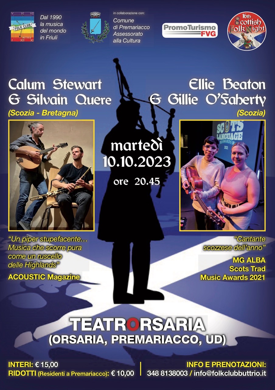 Al momento stai visualizzando 16th Scottish Folk Night con Calum Stewart & Silvain Quere (Scozia-Bretagna) e Ellie Beaton & Gillie o’Flaherty (Scozia) martedi 10 ottobre a Orsaria (UD)